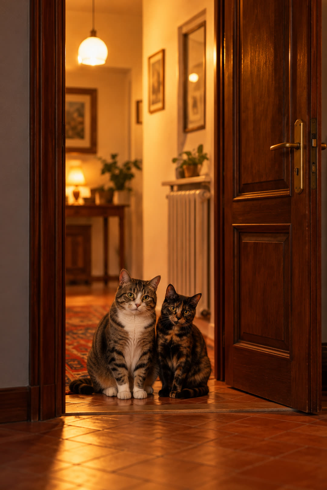 La porta aperta e i due gatti seduti tranquilli uno accanto all'altro