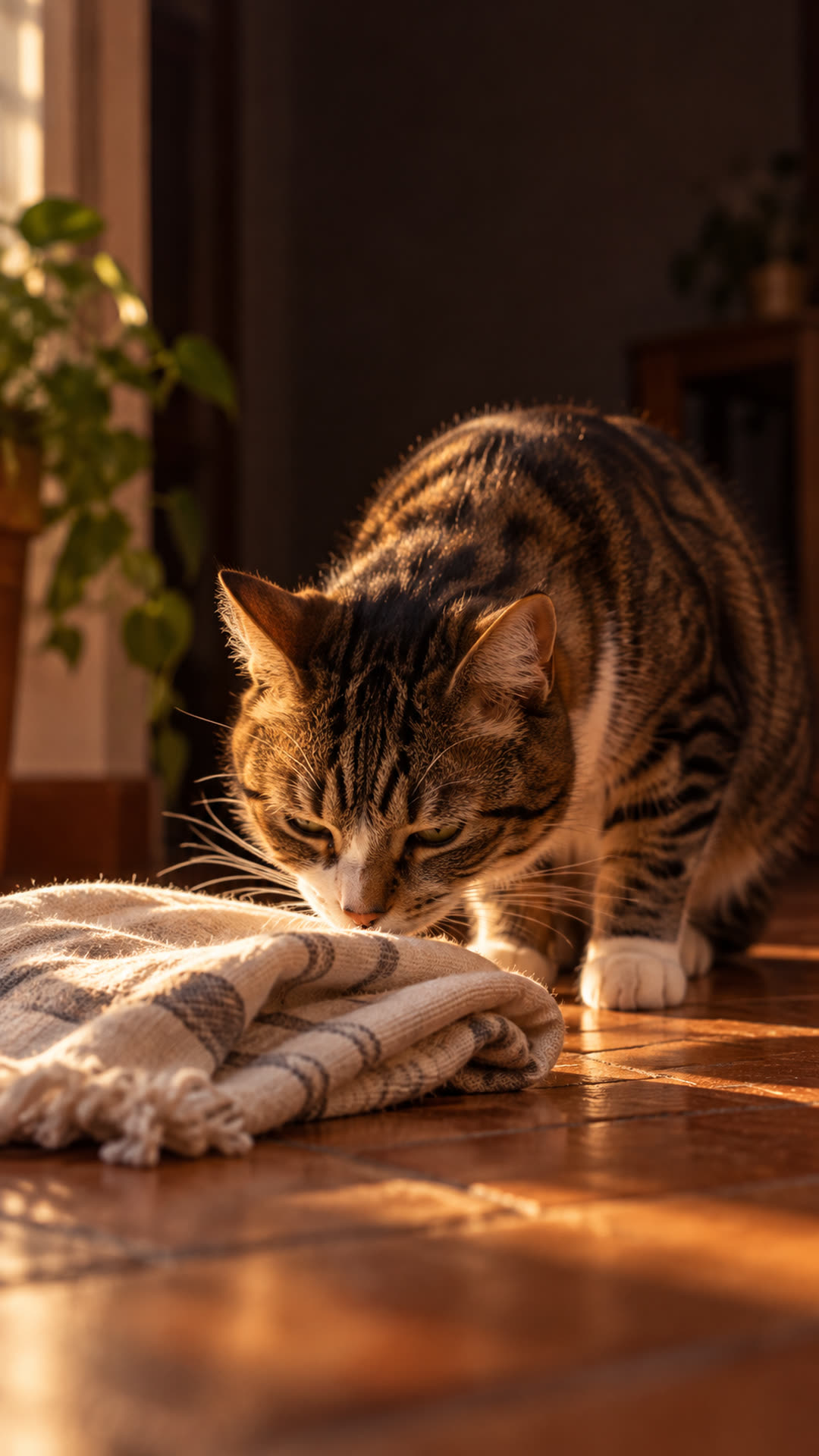 Il gatto di casa annusa con calma una copertina