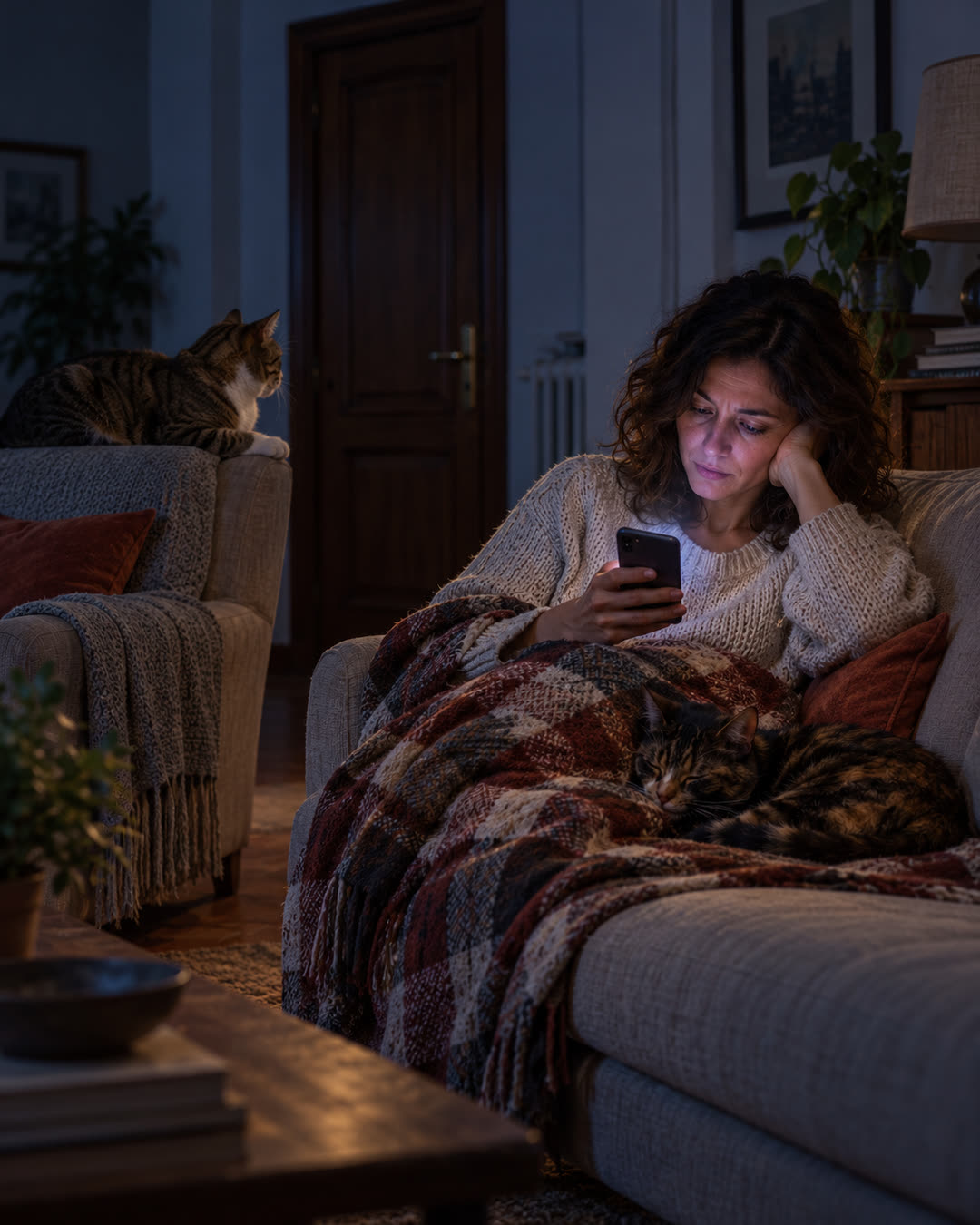 Di notte sul divano col telefono, il gatto di casa fissa la porta chiusa
