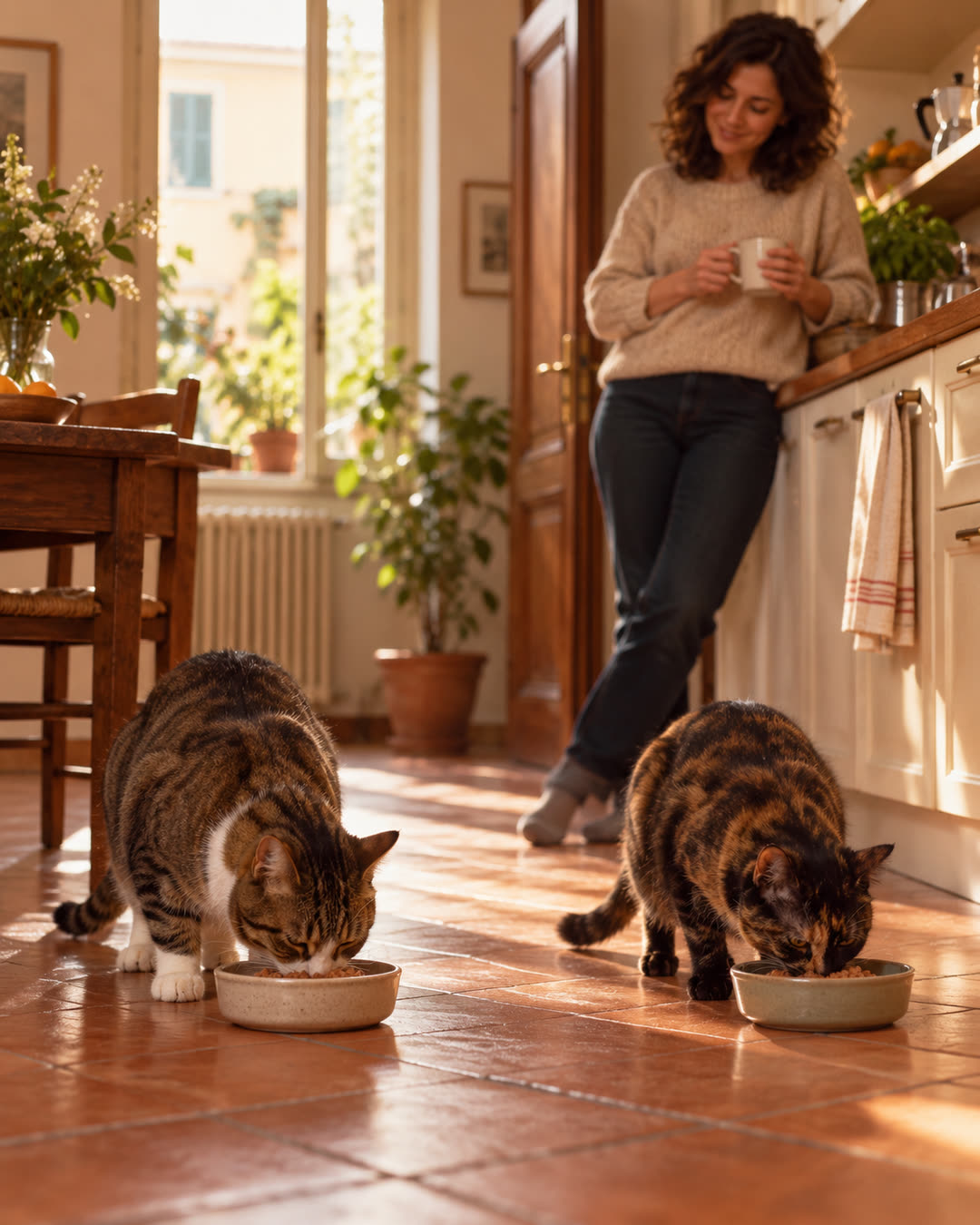 I due gatti mangiano tranquilli dalle loro ciotole nella stessa cucina