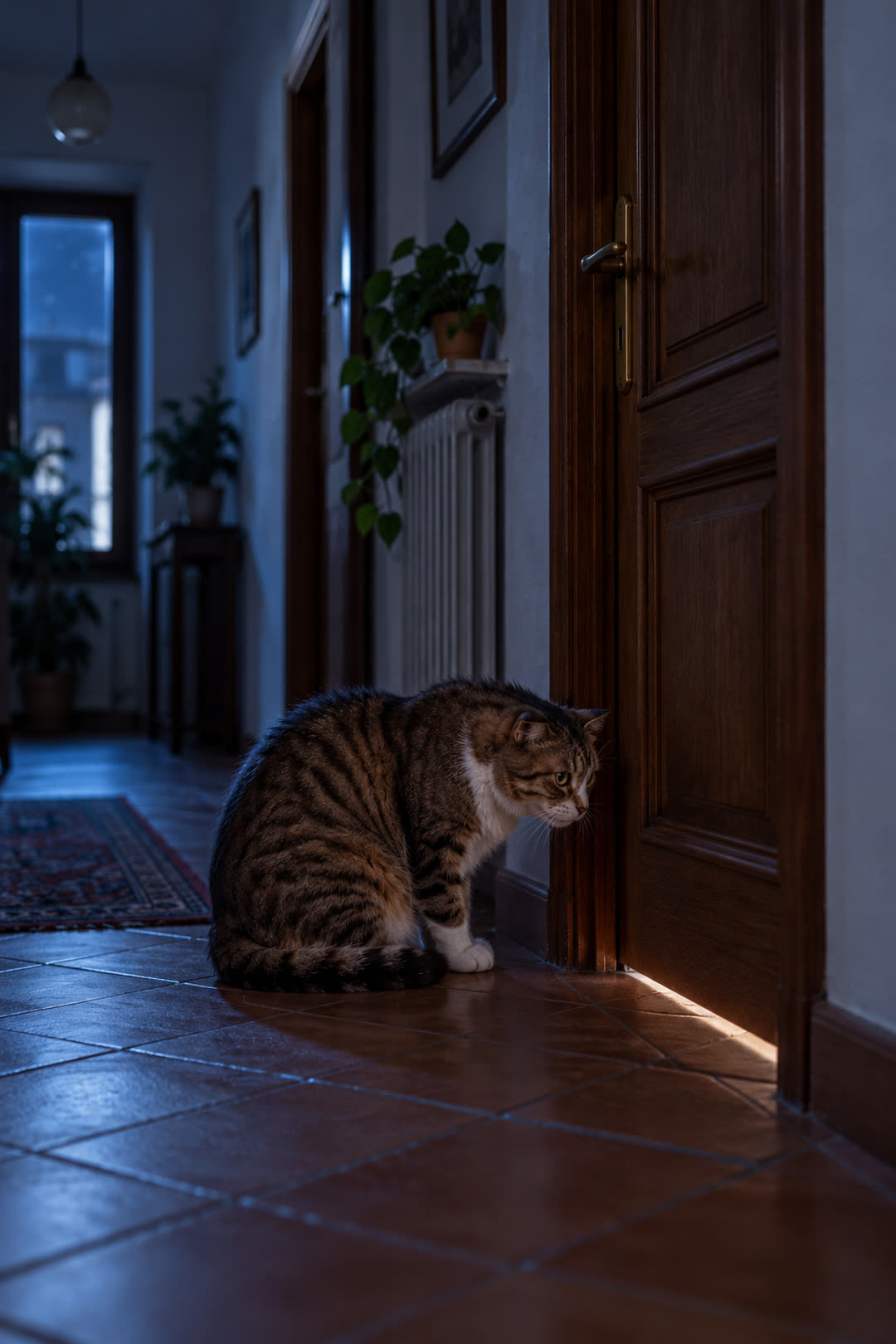 La porta chiusa e il gatto di casa teso davanti alla fessura